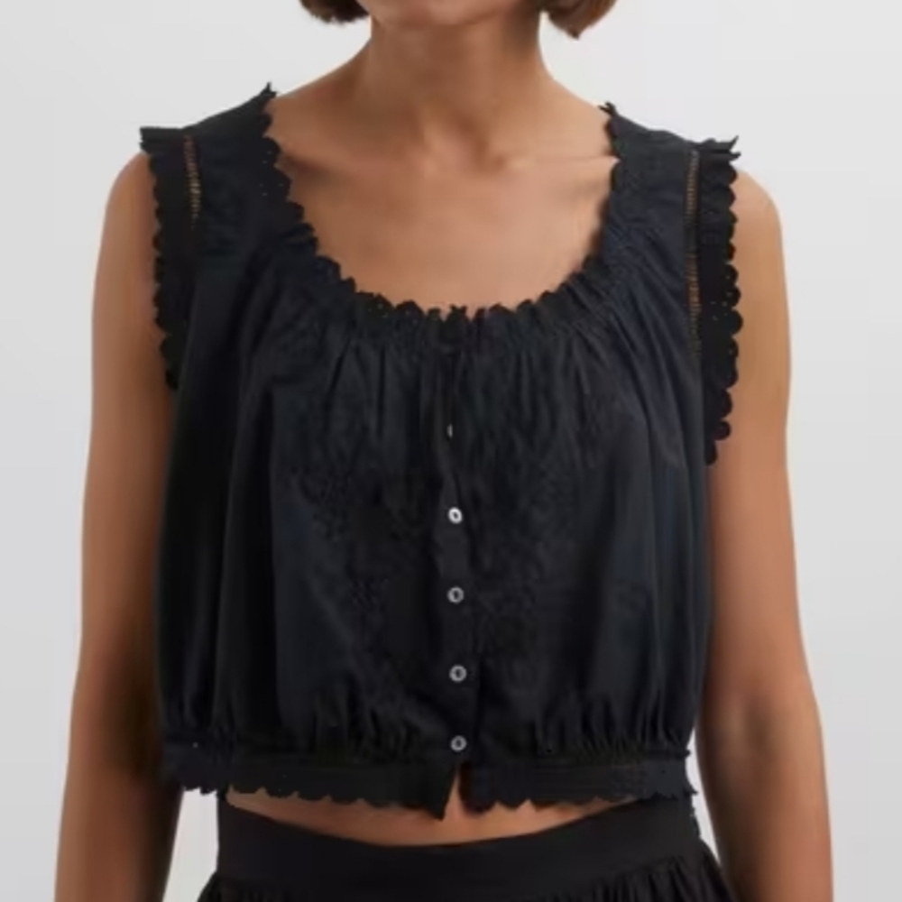 ​DÔEN XL Traveler Top Black Organic Cotton Ruffle Eyelet Blouse - Rare Size! - Picture 4 of 15